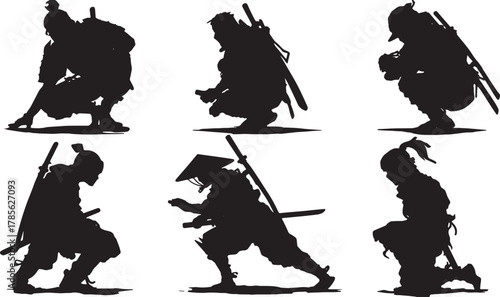 Crouching and Stealthy Samurai Silhouette Set