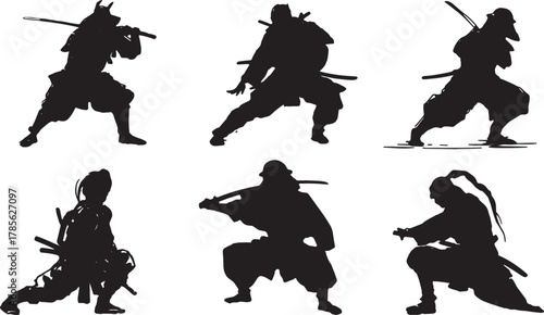 Crouching and Stealthy Samurai Silhouette Set