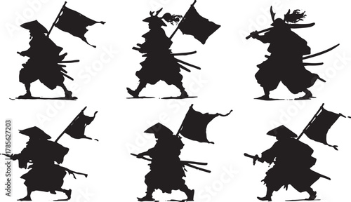 Samurai with Battle Flags (Sashimono) Silhouette Pack