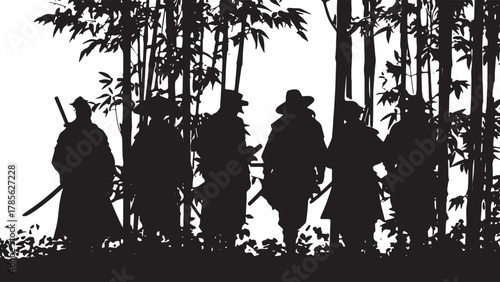 Samurai in Bamboo Forest Silhouette Scene Set