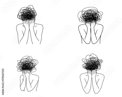 Person with tangled scribble head line art symbolizing stress and confusion
