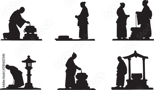 Samurai Praying at Shrine Silhouette Collection