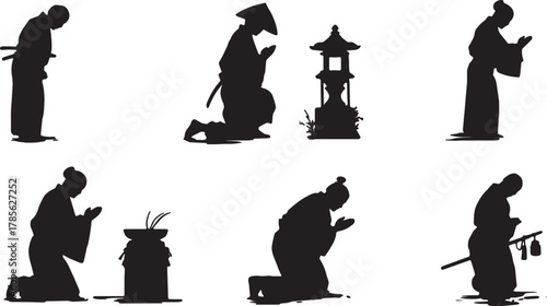 Samurai Praying at Shrine Silhouette Collection