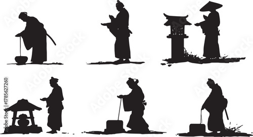 Samurai Praying at Shrine Silhouette Collection