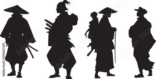 Samurai Protecting Villagers Silhouette Set