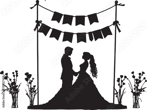 Wedding Couple with Just Married Banner Silhouette