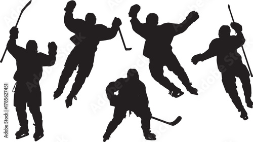 Ice Hockey Player Goal Celebration Silhouette Set