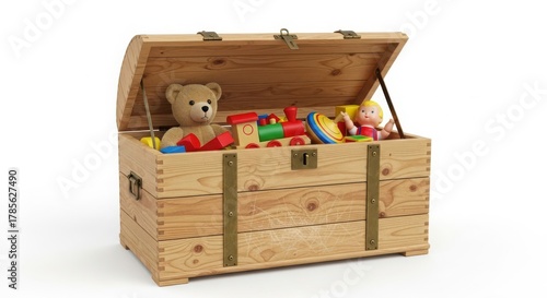 Treasure chest overflowing with colorful toys and a teddy bear isolated on white background
