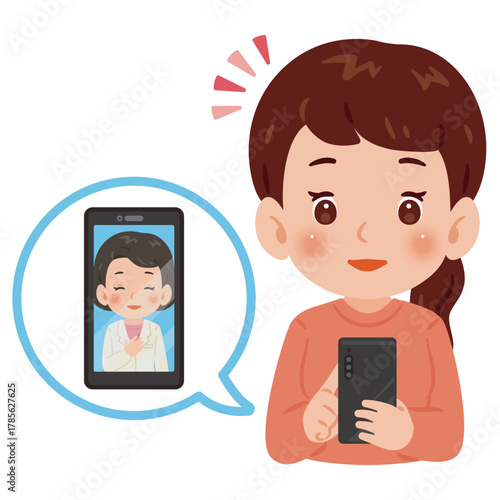 スマートフォンでオンライン診療を受ける女性　上半身イラスト／Upper Body Illustration of Woman Receiving Online Medical Consultation on Smartphone