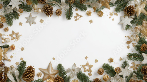 Festive Frame: A seasonal holiday arrangement, featuring intricate golden ornaments, pine cones, and evergreen accents, forming a visually appealing border around a central.