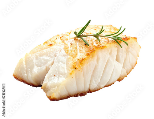 A cooked white fish fillet with crispy edges, garnished with a sprig of rosemary