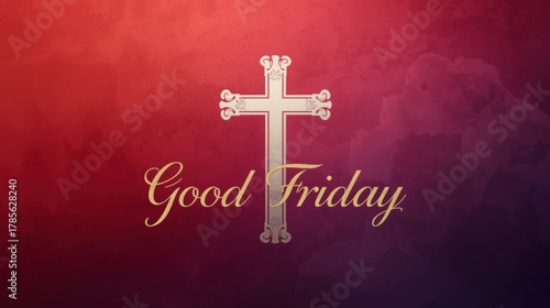 Christian cross with good friday text on a red and purple background
