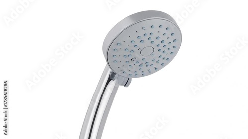 A chrome hand-held showerhead with a circular spray face, isolated on a white background