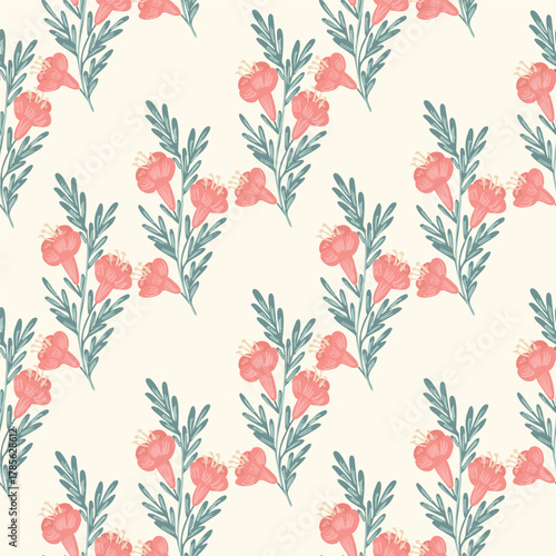 Hand painted bell-shaped flower bunches with leaves forming a diagonal floral pattern in peach, cream and green on beige background. Botanical seamless vector pattern. Great for home decor, fabric,etc