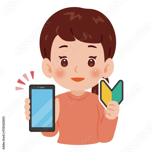 画面を見せるスマートフォン初心者女性　上半身イラスト／Woman Showing Smartphone Screen and Holding Beginner Mark, Upper Body Illustration