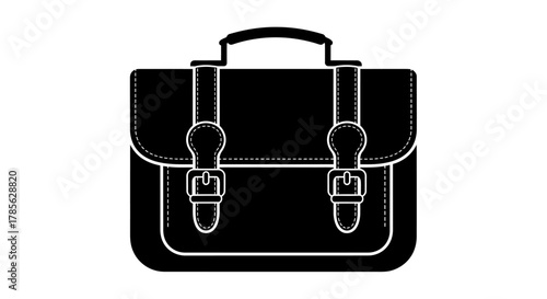 a classic black satchel with two buckles and a handle, isolated on white background 