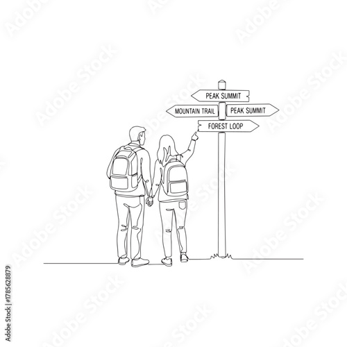 Continuous one line drawing of a hiker couple with backpacks looking at a direction signpost, travel and choice concept.
