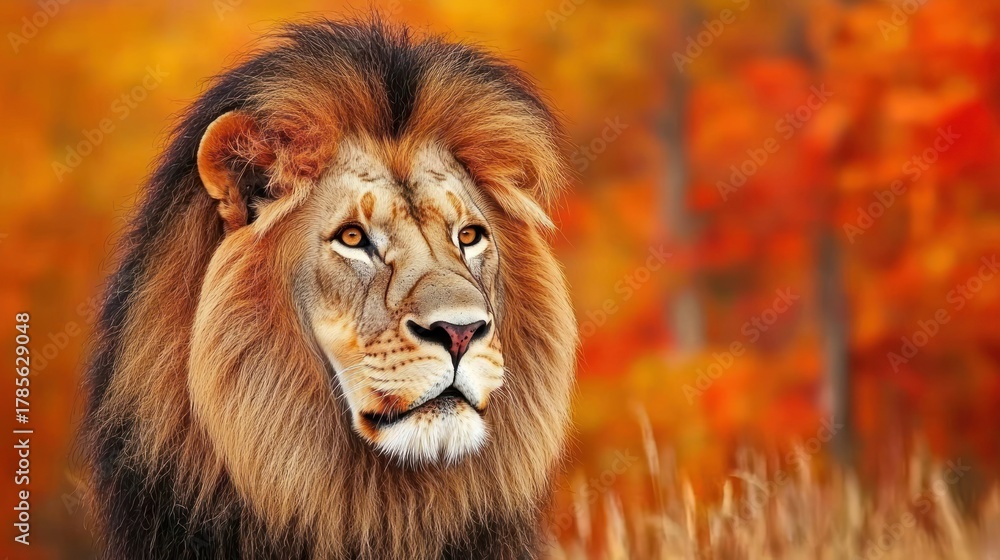 Fototapeta premium Majestic Lion A Portrait of the King in Autumn's Embrace - Golden Mane, Regal Gaze