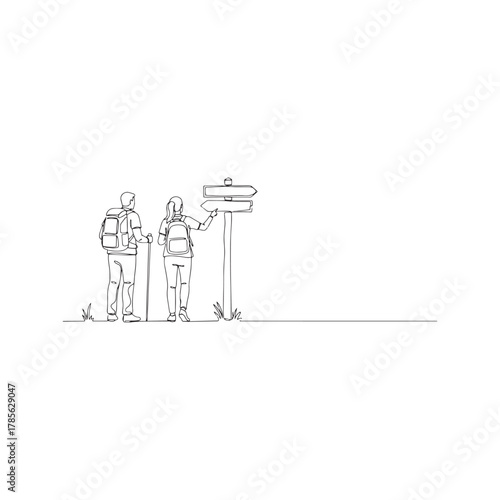 Continuous one line drawing of a hiker couple with backpacks looking at a direction signpost, travel and choice concept.
