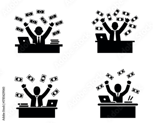 Happy businessman throwing money in the air success concept illustration
