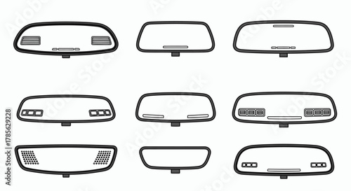 various car rearview mirrors displayed in neat rows, isolated on white background 