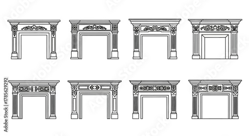 various intricate designs of ornate fireplace mantels displayed in rows, isolated on white background 