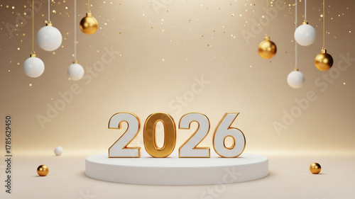 Golden 2026 text on a white pedestal with hanging baubles and gold confetti, used for a sophisticated New Year's Eve gala invitation, a website hero image or a client e-card
