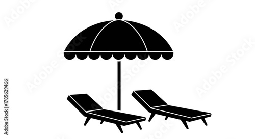 a beach scene with two lounge chairs under a large umbrella, isolated on white background 