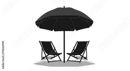 a black umbrella shades two chairs perfect for relaxing outdoors, isolated on white background 