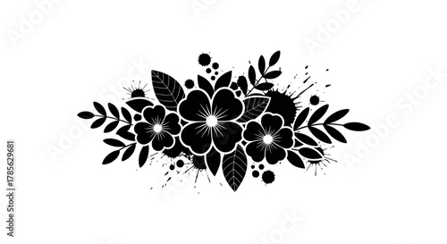 a floral arrangement with intricate black flowers and leaves, isolated on white background 