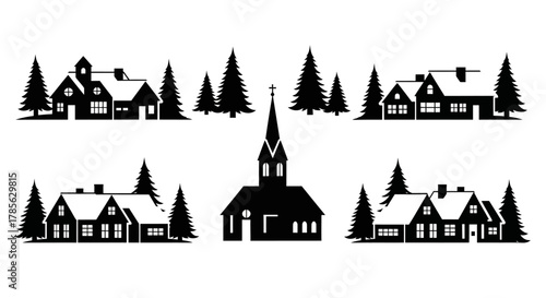 a charming village scene with quaint houses churches and tall pine trees, isolated on white background 
