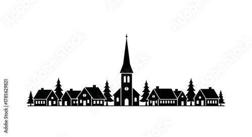 a quaint village scene with a prominent church steeple surrounded by houses, isolated on white background 