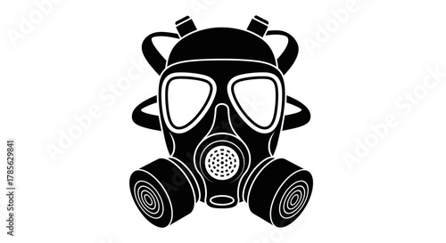 a black gas mask with clear eye panels and dual filters, isolated on white background 