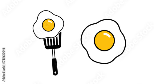 a cartoon illustration of eggs one on spatula another on surface, isolated on white background 