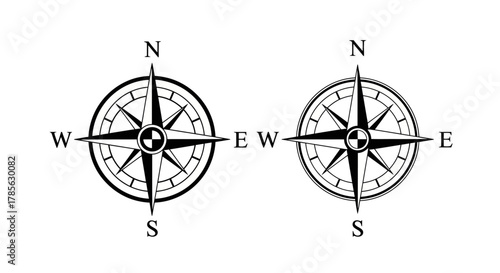 two compasses showing north south east west directions side by side, isolated on white background 