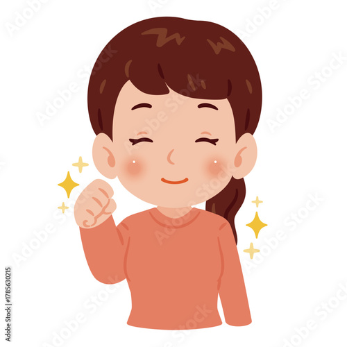 元気で笑顔な女性　上半身イラスト／Upper Body Illustration of Energetic Smiling Woman with Bent Arm Fist Pump