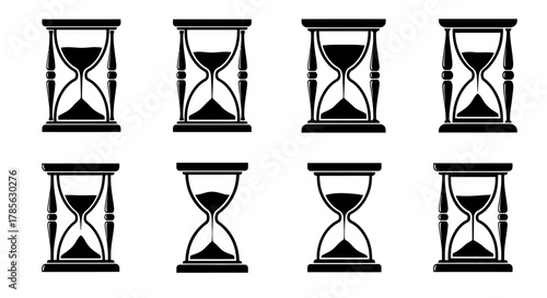 various hourglasses showing different stages of sand flow, isolated on white background 