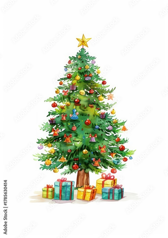Fototapeta premium A decorated christmas tree with presents under the tree illustration festive celebration.