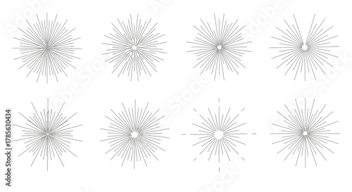 eight intricate starburst patterns arranged neatly in two rows, isolated on white background 