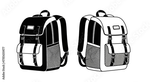 two stylish backpacks side by side with mesh pockets and adjustable straps, isolated on white background 