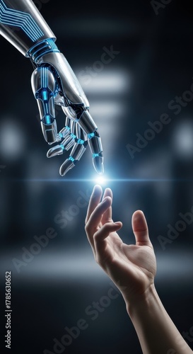 Robotic hand reaching out to connect with human hand in a dimly lit futuristic space