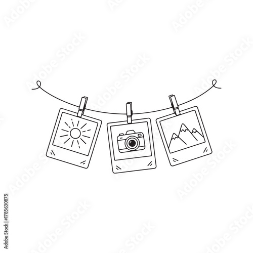 Hand-drawn travel photos hanging on a clothesline, vintage memory doodle illustration.
