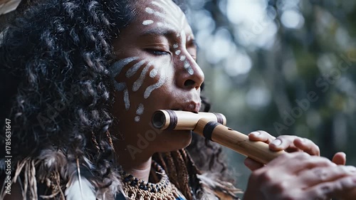 Profile Portrait of Indigenous Person Playing Wooden Flute Outdoors with Face Paint and Feather Adornments
