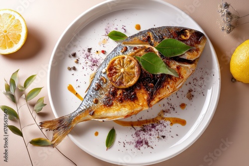 Exquisite plating of grilled fish garnished with lemon slices showcasing culinary artistry and vibrant flavors on an elegant white plate captured with clarity