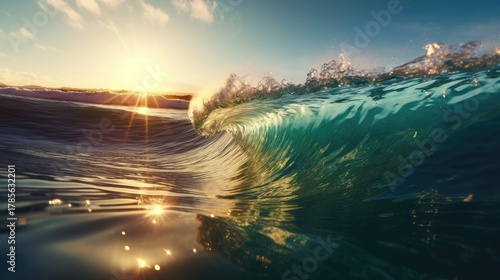 Fototapeta Naklejka Na Ścianę i Meble -  turquoise surfing ocean wave with sunset view