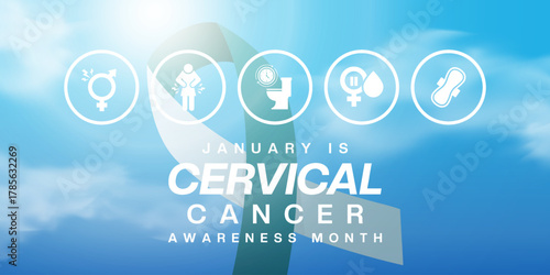 January is National Cervical Cancer Awareness Month. Ribbon, people icon, cloud, sun and more. Suitable for posters, banners and social media. Blue background.