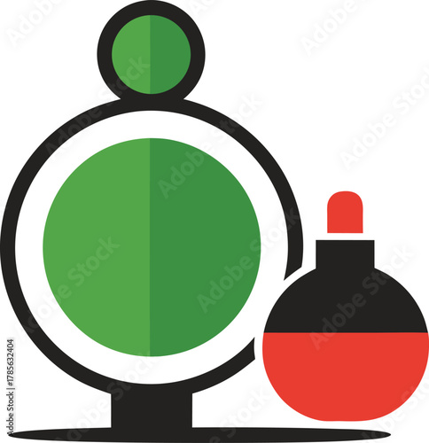 Minimal perfume bottle and mirror combo icon, bold silhouette, isolated vector design.