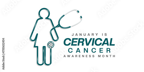 January is National Cervical Cancer Awareness Month. Women shape stethoscope. Suitable for posters, banners and social media. White background.