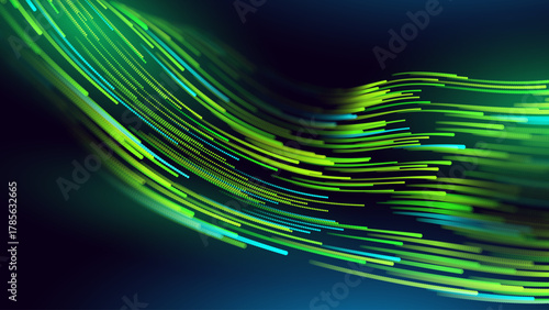 Green Glowing Dots Wave Lines Abstract Background. Futuristic Energy Flow, Digital Tech, Data Stream Design, Sustainable Renewable Energy Presentation Backdrop. Green Tech and Science Vector.