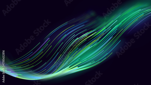 Green Glowing Dots Wave Lines Abstract Background. Futuristic Energy Flow, Digital Tech, Data Stream Design, Sustainable Renewable Energy Presentation Backdrop. Green Tech and Science Vector.